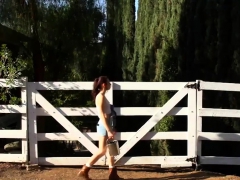 Perky tits brunette babe gets pussy banged in the ranch