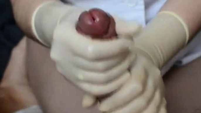 Nurse Handjob with big cum load  in wet latex gloves