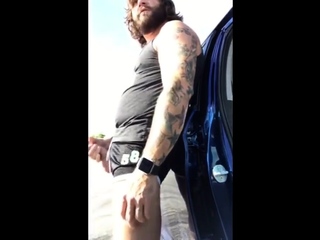 Bearded eats cum in public after hes playing with his dildo
