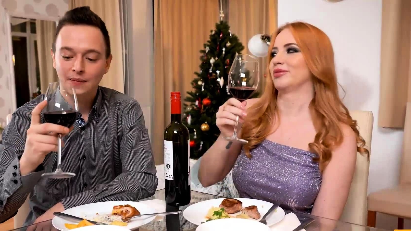 A toast at Christmas dinner for the most beautiful, sexy and busty red-haired bride.