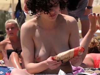 Beauty Brunette Lass Topless Beach Voyeur Public Nude