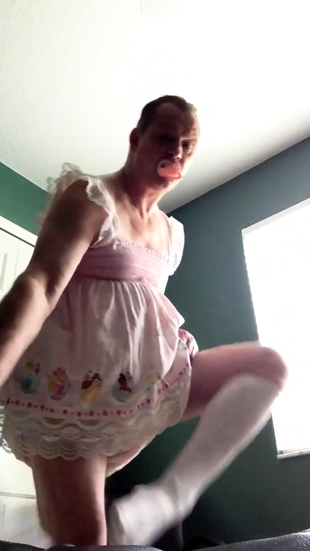 ABDL Diapered sissy in pretty pink dress with teddybear