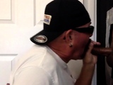 Gloryhole barebacked DILF sucks cock