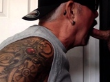 Gloryhole tattooed gaydaddy sucks cock