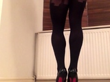 Black Suspender Pantyhose - Amateur Big Cock Crossdresser